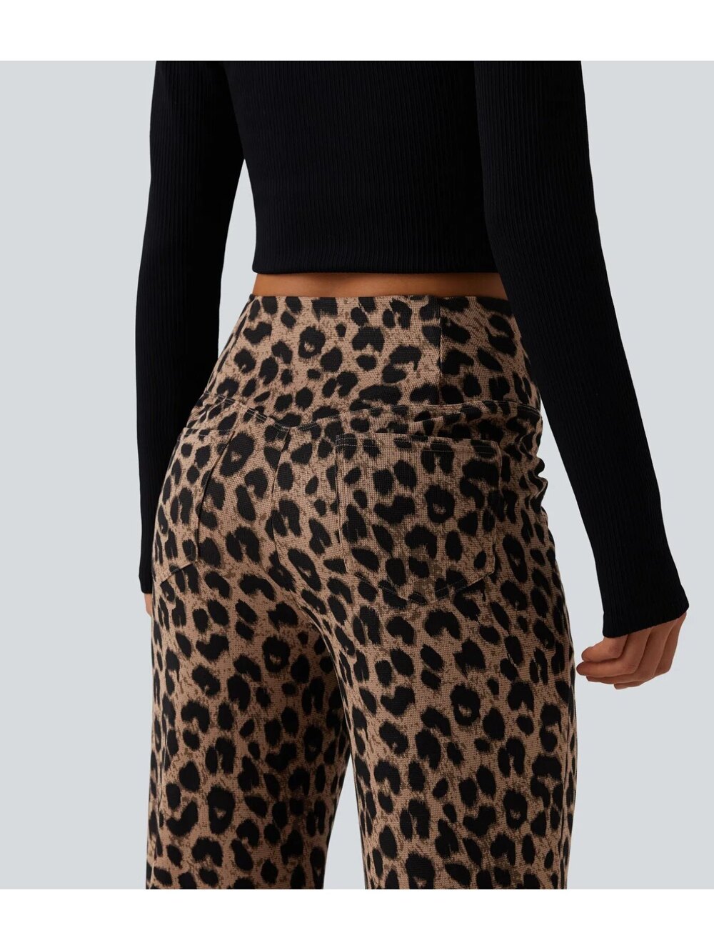 Halara High Waisted Crossover Leopard Print Waffle Pants Noir Safari Size Small - Picture 8 of 9